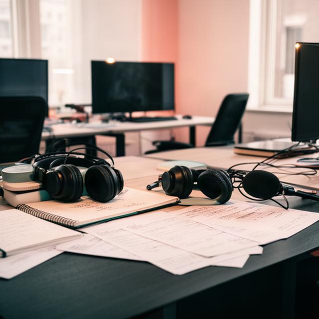 Redactieruimte in Rotterdam met bureaus, koptelefoons en papieren interviewnotities